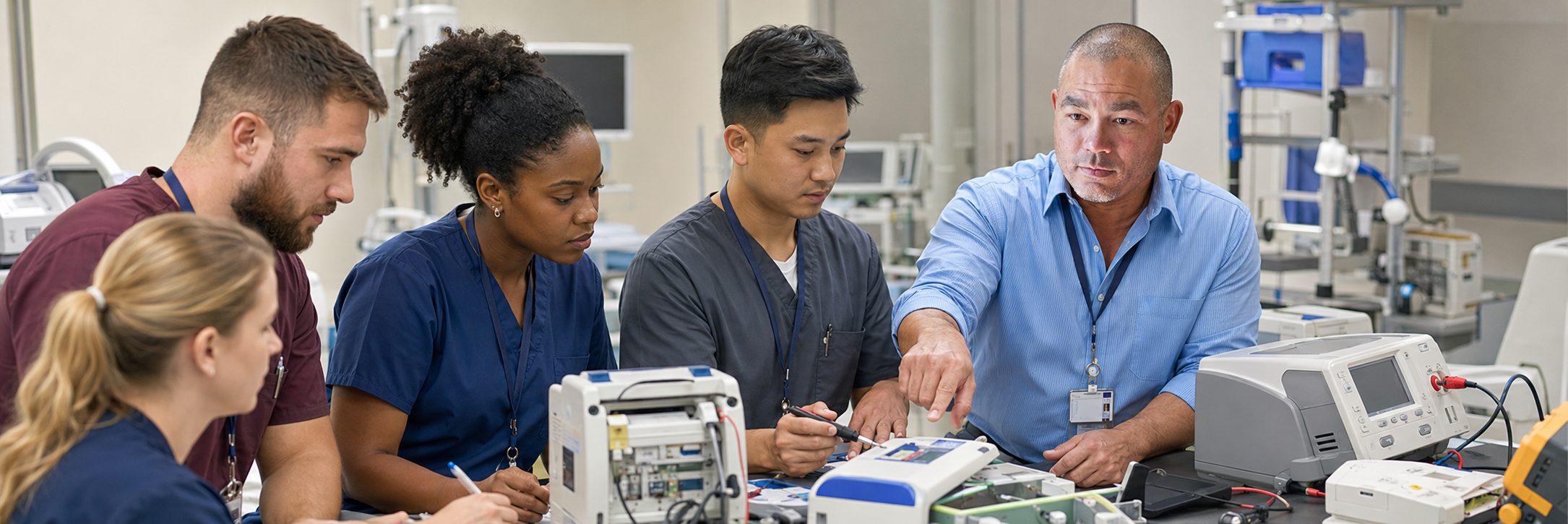 Biomedical equipment technicians training on anesthesia machine service procedures