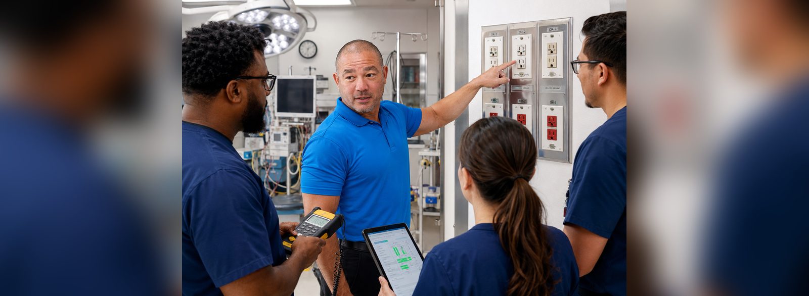 Operating room isolated power receptacle panels inspected circuit by circuit with results on a tablet